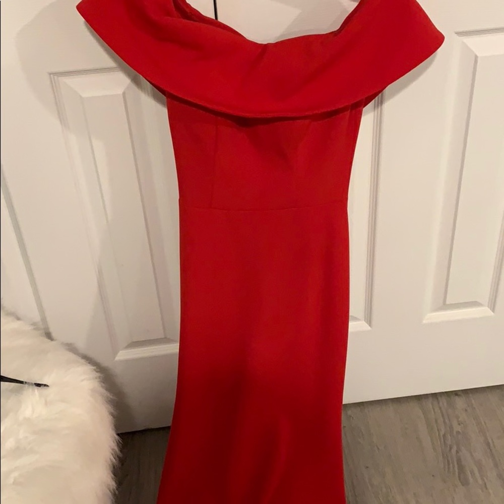 Red off shoulder gown